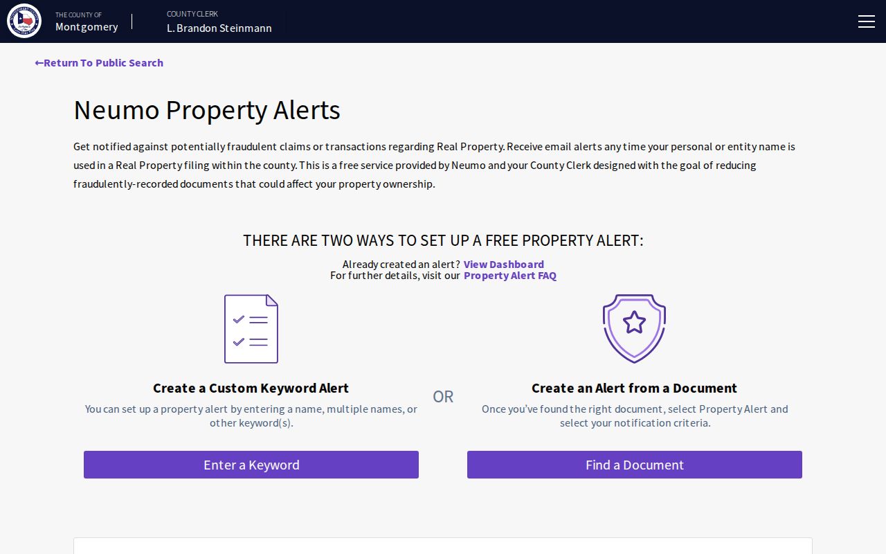 Conroe previous residents Property Alert sign-up